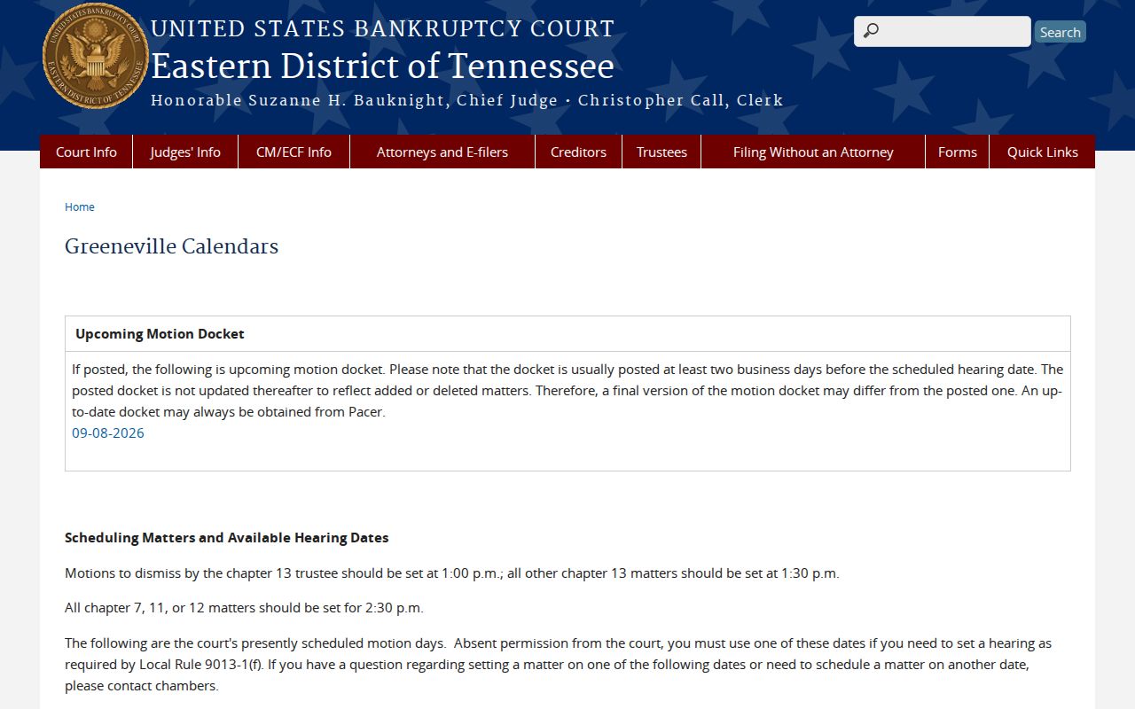 Cocke County federal bankruptcy court calendar route