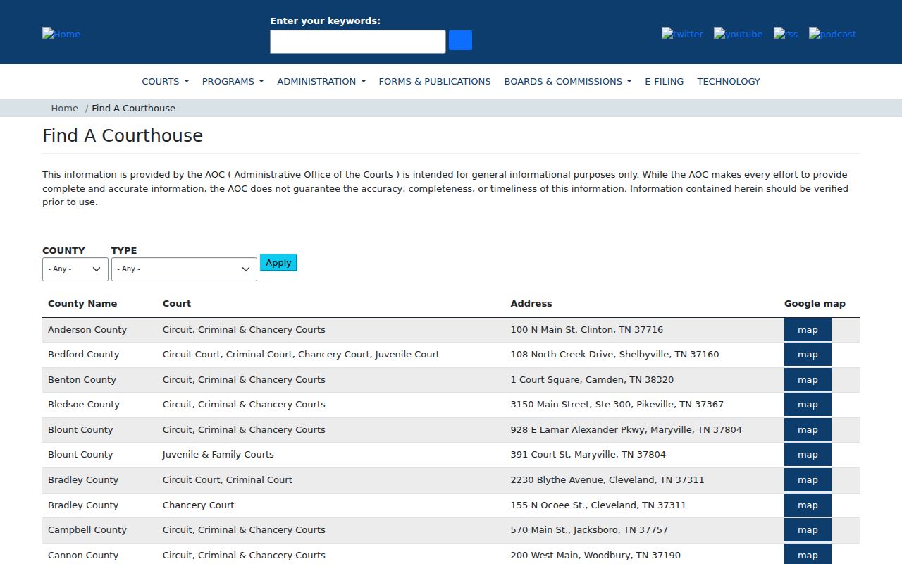Tennessee courthouse finder for Cocke County courts