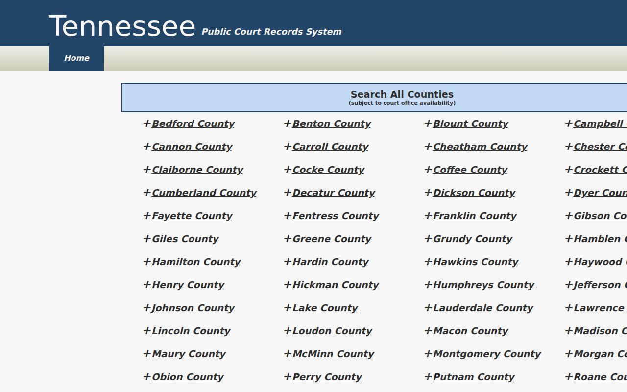 Tennessee Public Court Records System statewide landing page