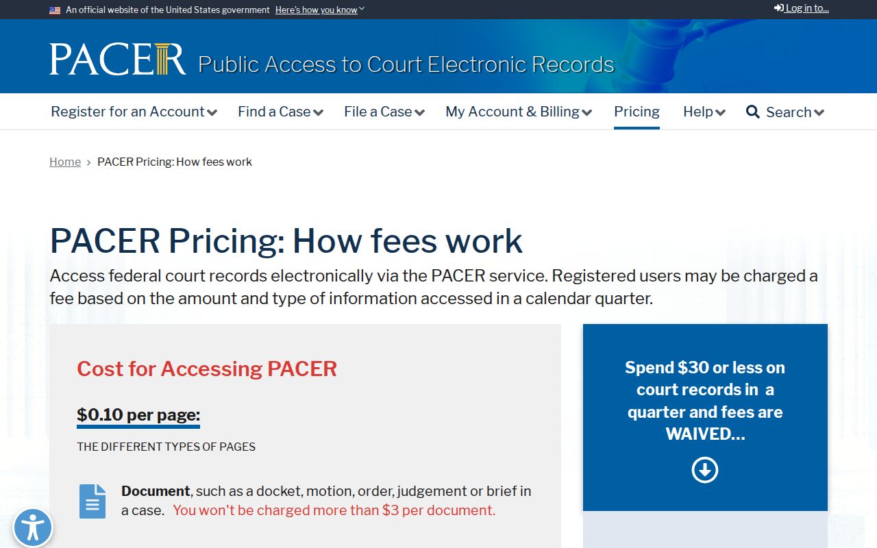 Official PACER pricing for federal court records
