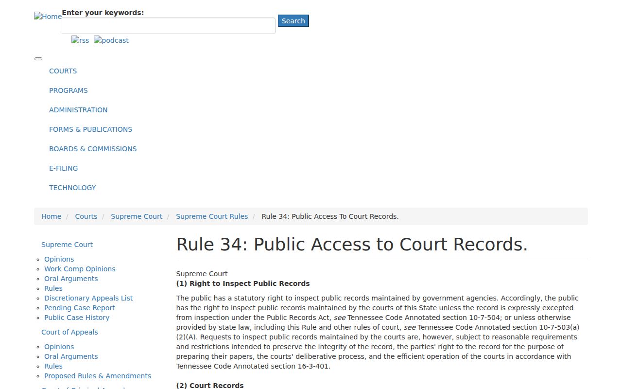 Tennessee Supreme Court Rule 34 public access page