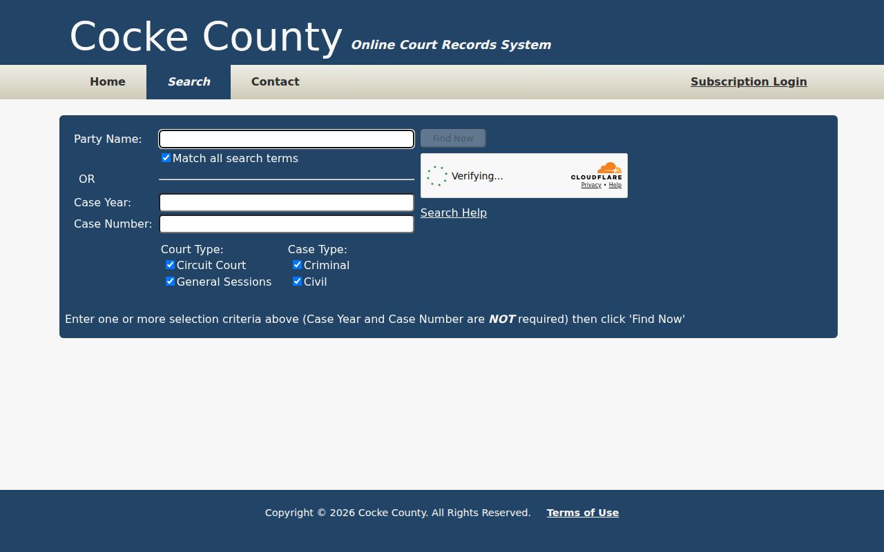 Cocke County docket search form in TNCRTInfo