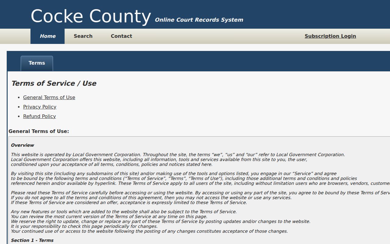 Cocke County case search terms and access limits