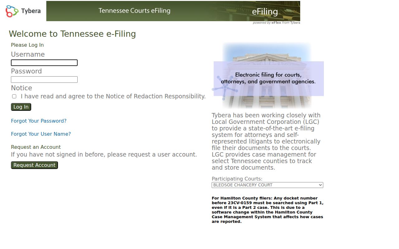 Cocke County court e-filing login separate from docket search